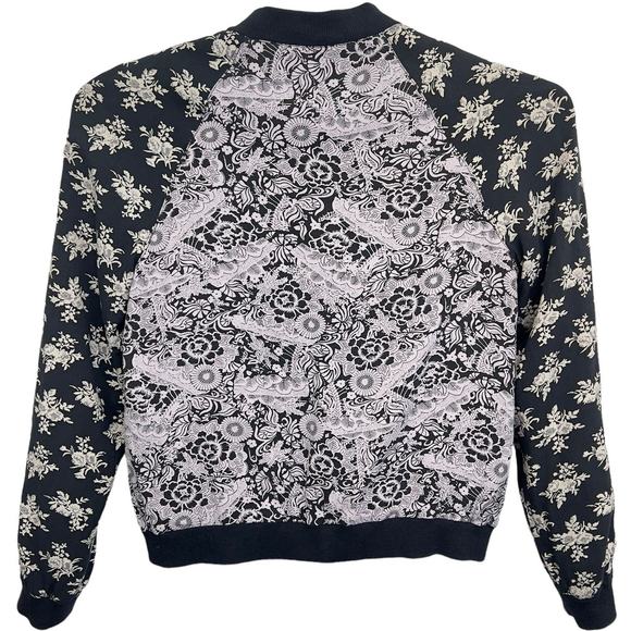 Free People Bomber Jacket Black Purple Floral Snap Close Lightweight Boho Size S - Picture 6 of 12
